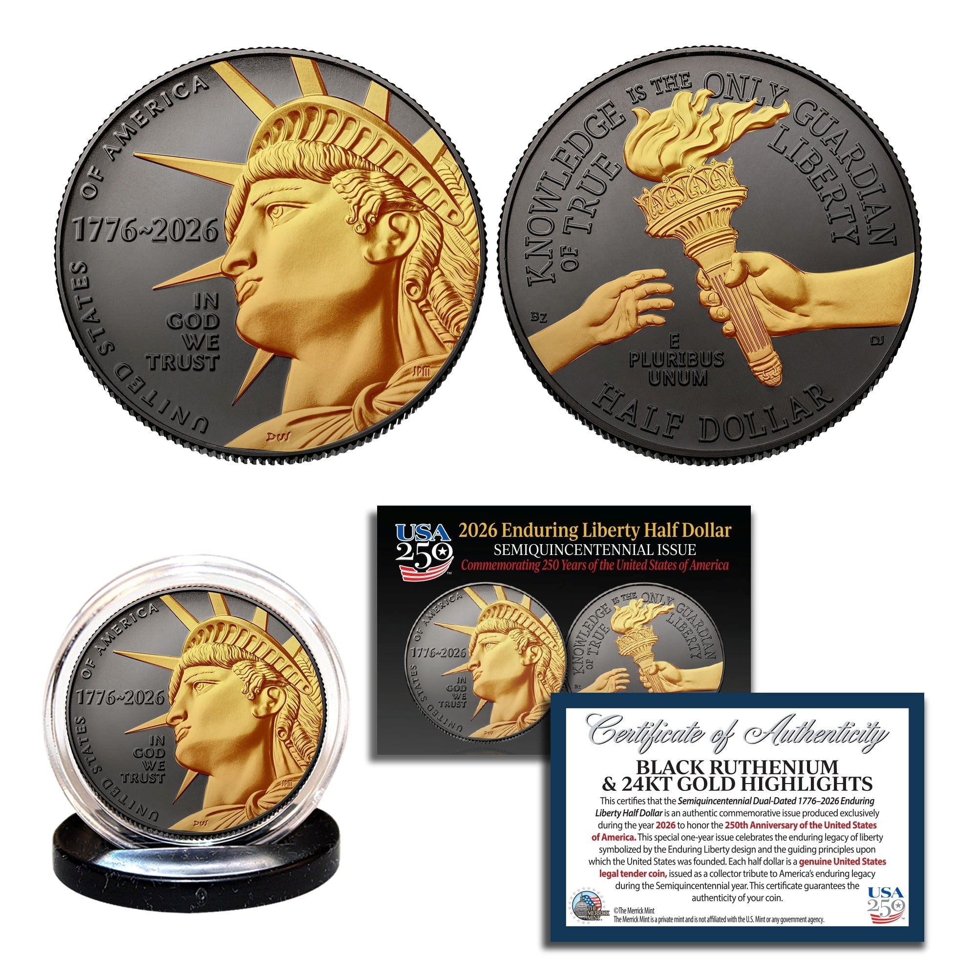 Liberty Half Dollar 1776-2026 | Black Ruthenium Finish with 24K Gold Highlights – Semiquincentennial Half Dollar Coin
