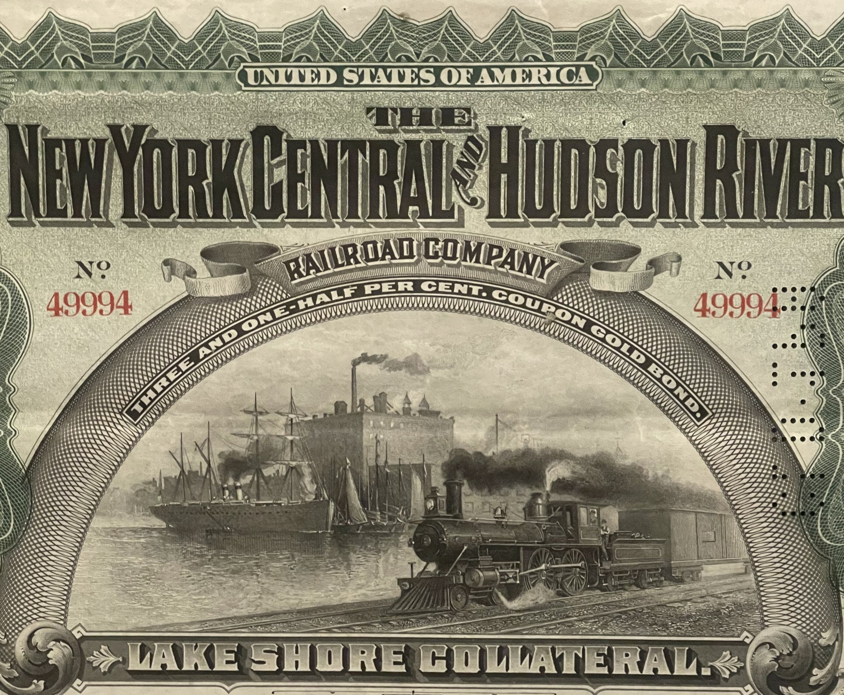 Antique 1898 New York Central & Hudson River Railroad Gold Bond 🚂 Lake Shore Collateral Certificate