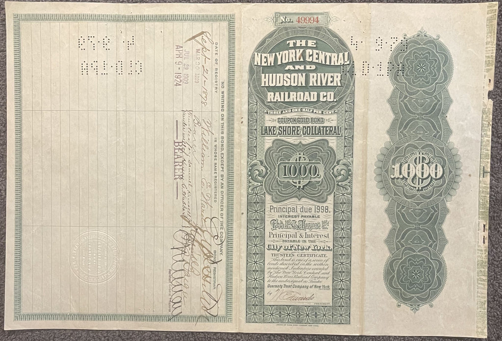 Antique 1898 New York Central & Hudson River Railroad Gold Bond 🚂 Lake Shore Collateral Certificate