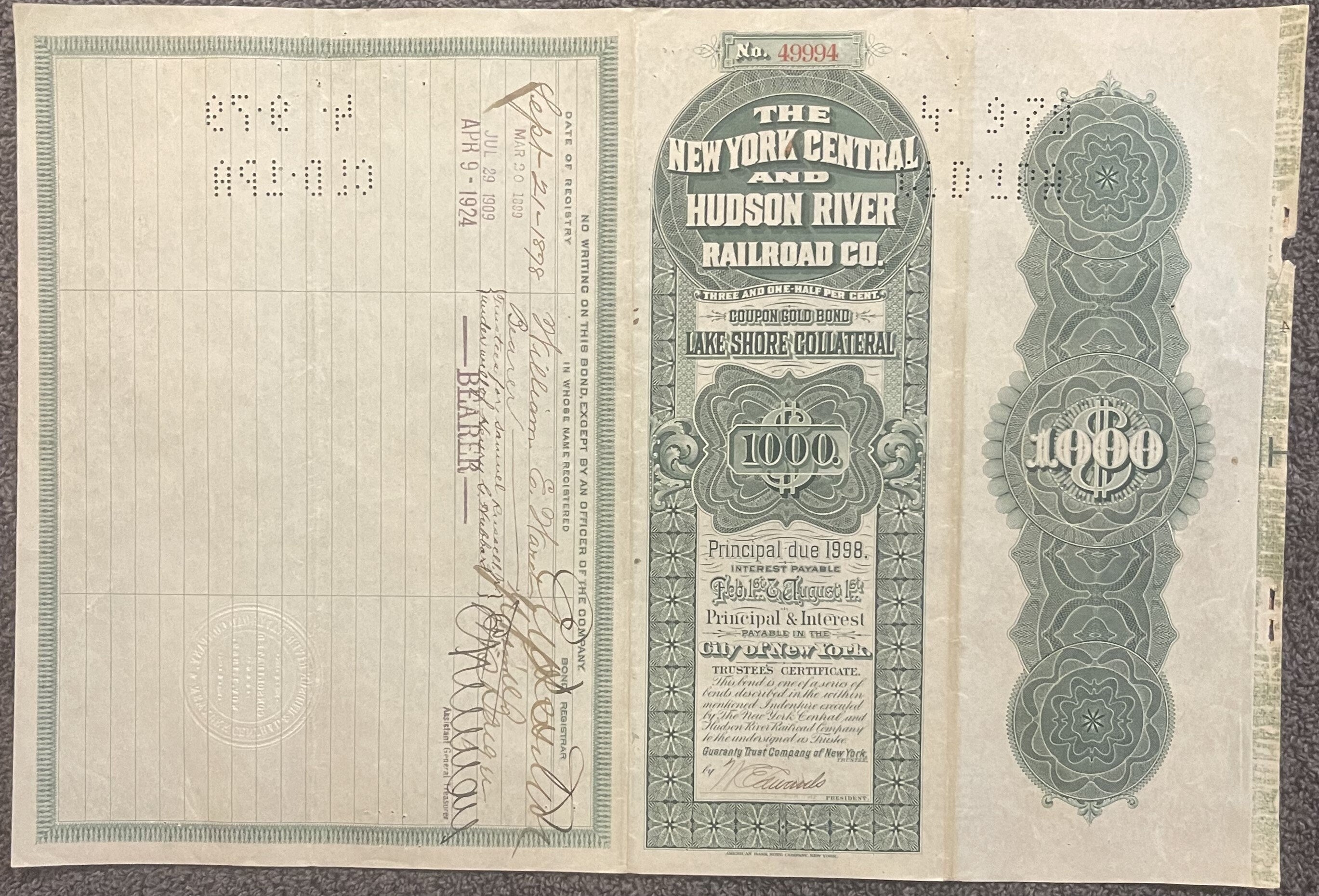 Antique 1898 New York Central & Hudson River Railroad Gold Bond 🚂 Lake Shore Collateral Certificate