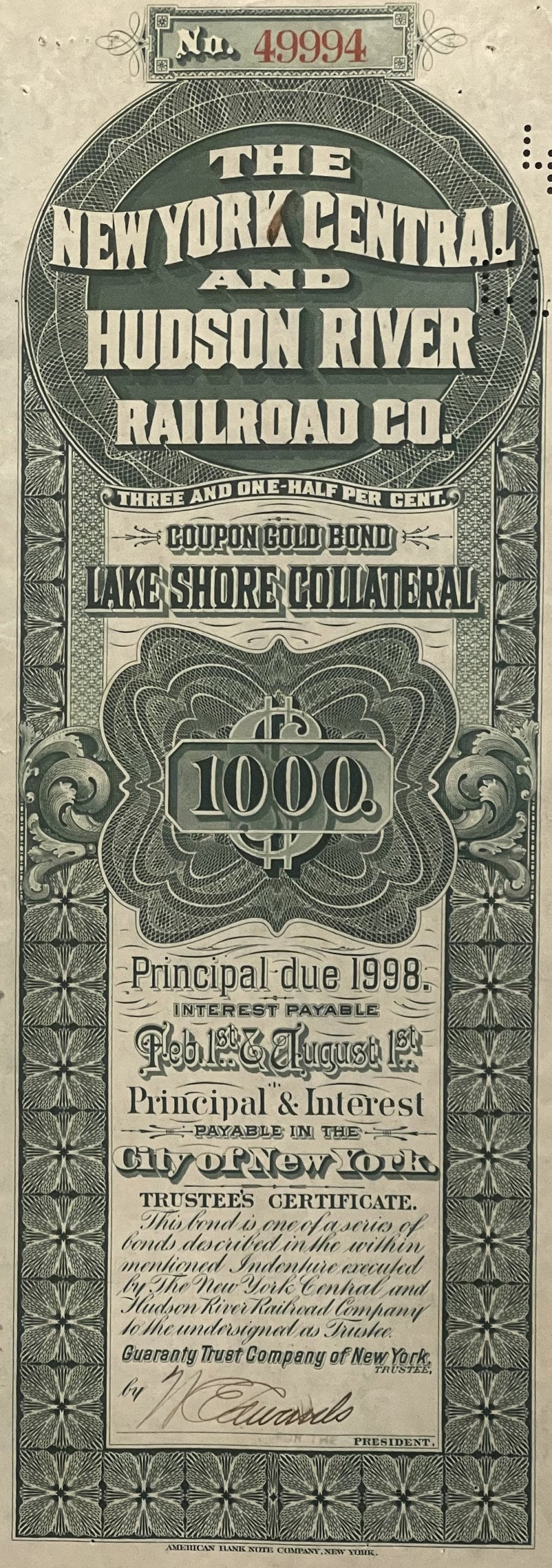 Antique 1898 New York Central & Hudson River Railroad Gold Bond 🚂 Lake Shore Collateral Certificate