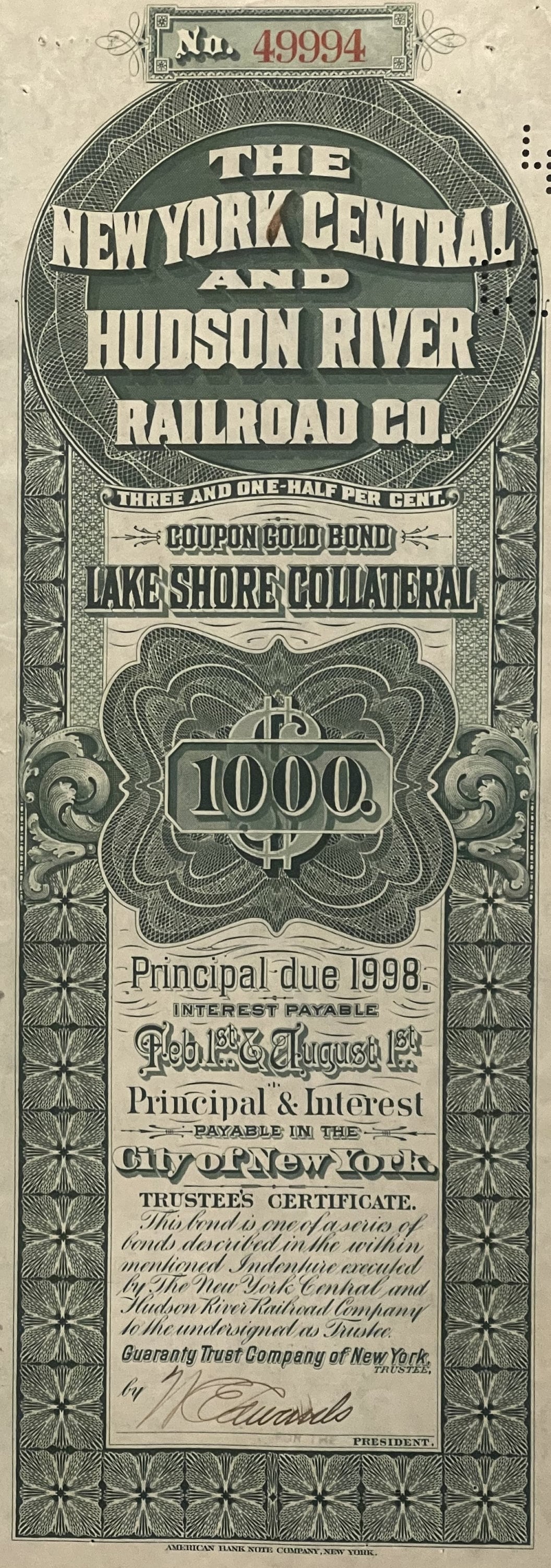 Antique 1898 New York Central & Hudson River Railroad Gold Bond 🚂 Lake Shore Collateral Certificate