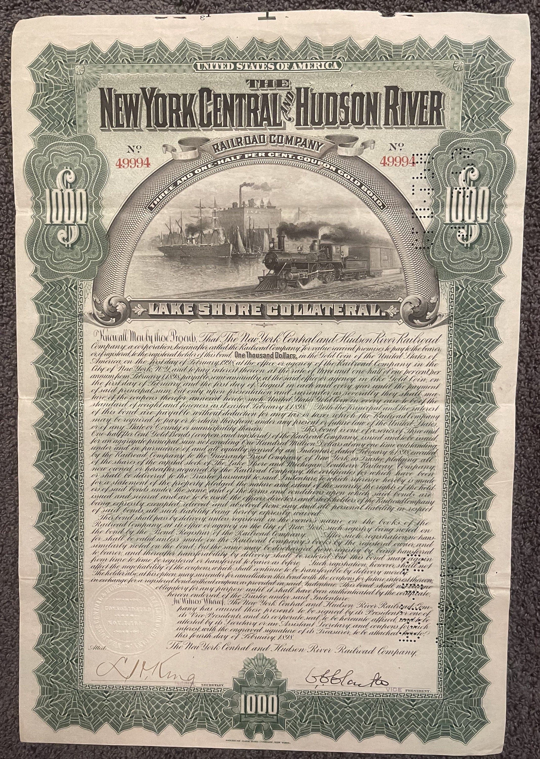 Antique 1898 New York Central & Hudson River Railroad Gold Bond 🚂 Lake Shore Collateral Certificate