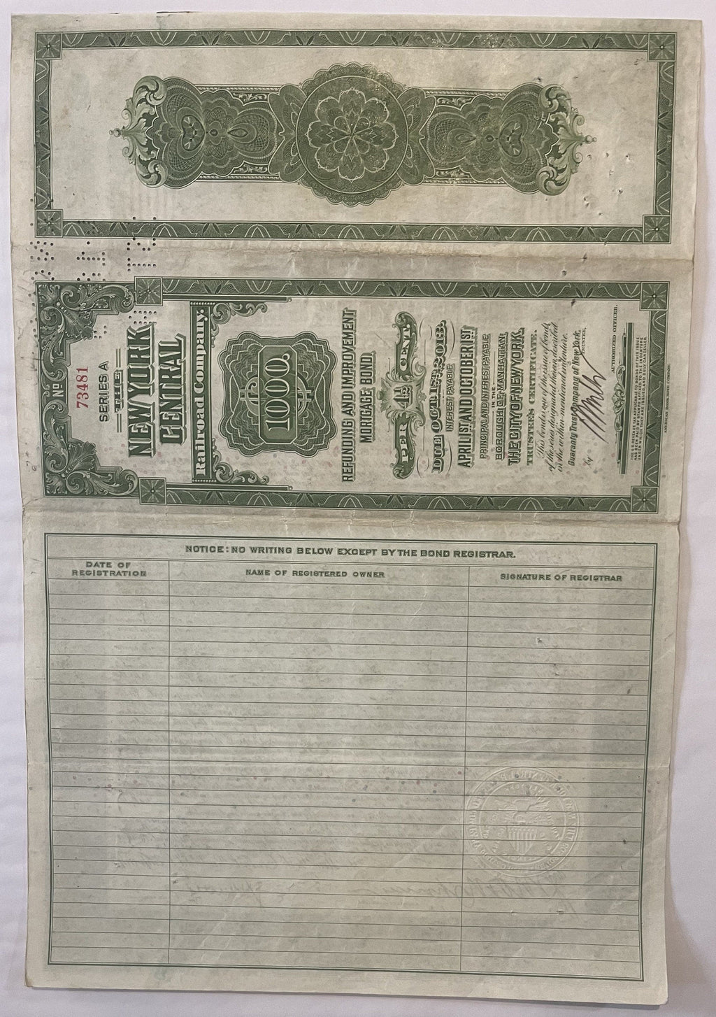 Antique 1913 New York Central Railroad $1,000 Bond 🚂 Payable in Gold Coin, 4.5% Refunding & Improvement Mortgage, Grand Central Terminal