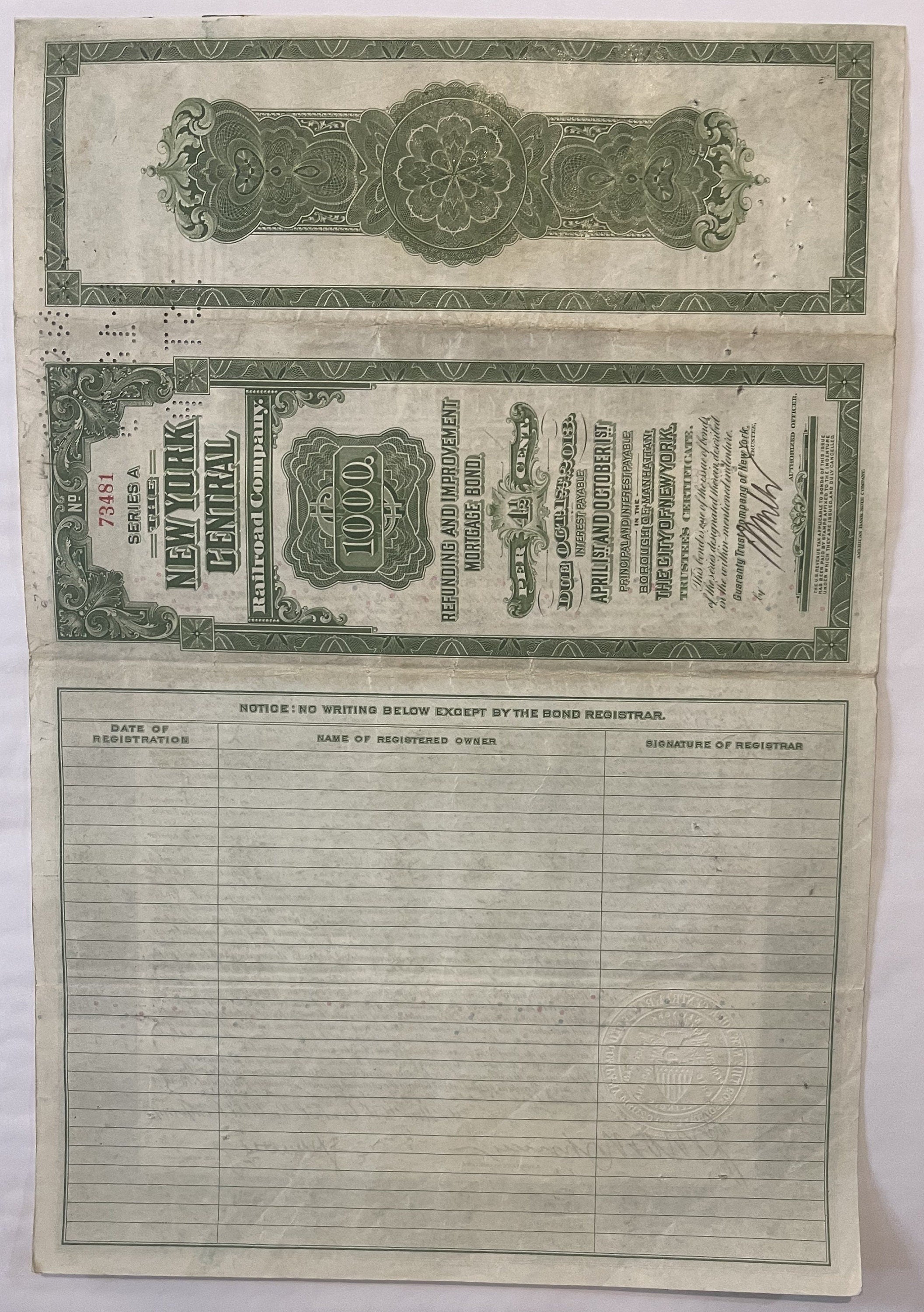 Antique 1913 New York Central Railroad $1,000 Bond 🚂 Payable in Gold Coin, 4.5% Refunding & Improvement Mortgage, Grand Central Terminal