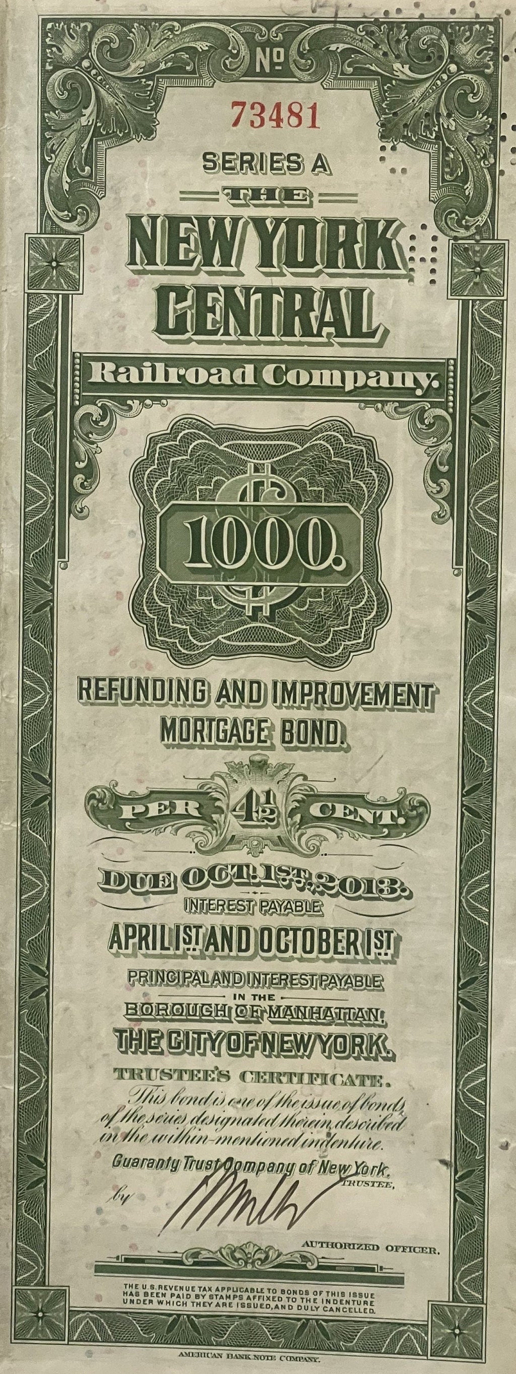 Antique 1913 New York Central Railroad $1,000 Bond 🚂 Payable in Gold Coin, 4.5% Refunding & Improvement Mortgage, Grand Central Terminal
