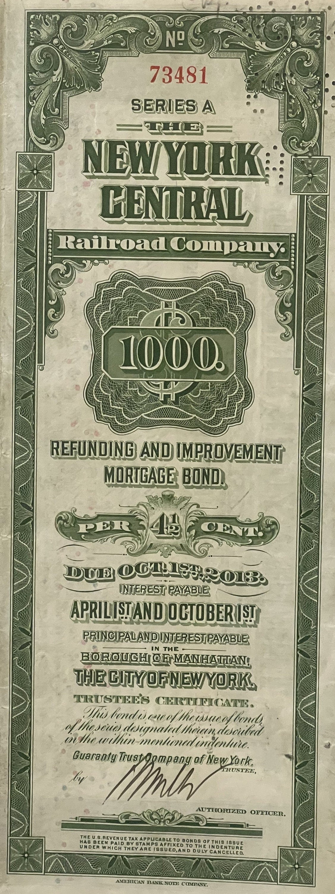 Antique 1913 New York Central Railroad $1,000 Bond 🚂 Payable in Gold Coin, 4.5% Refunding & Improvement Mortgage, Grand Central Terminal