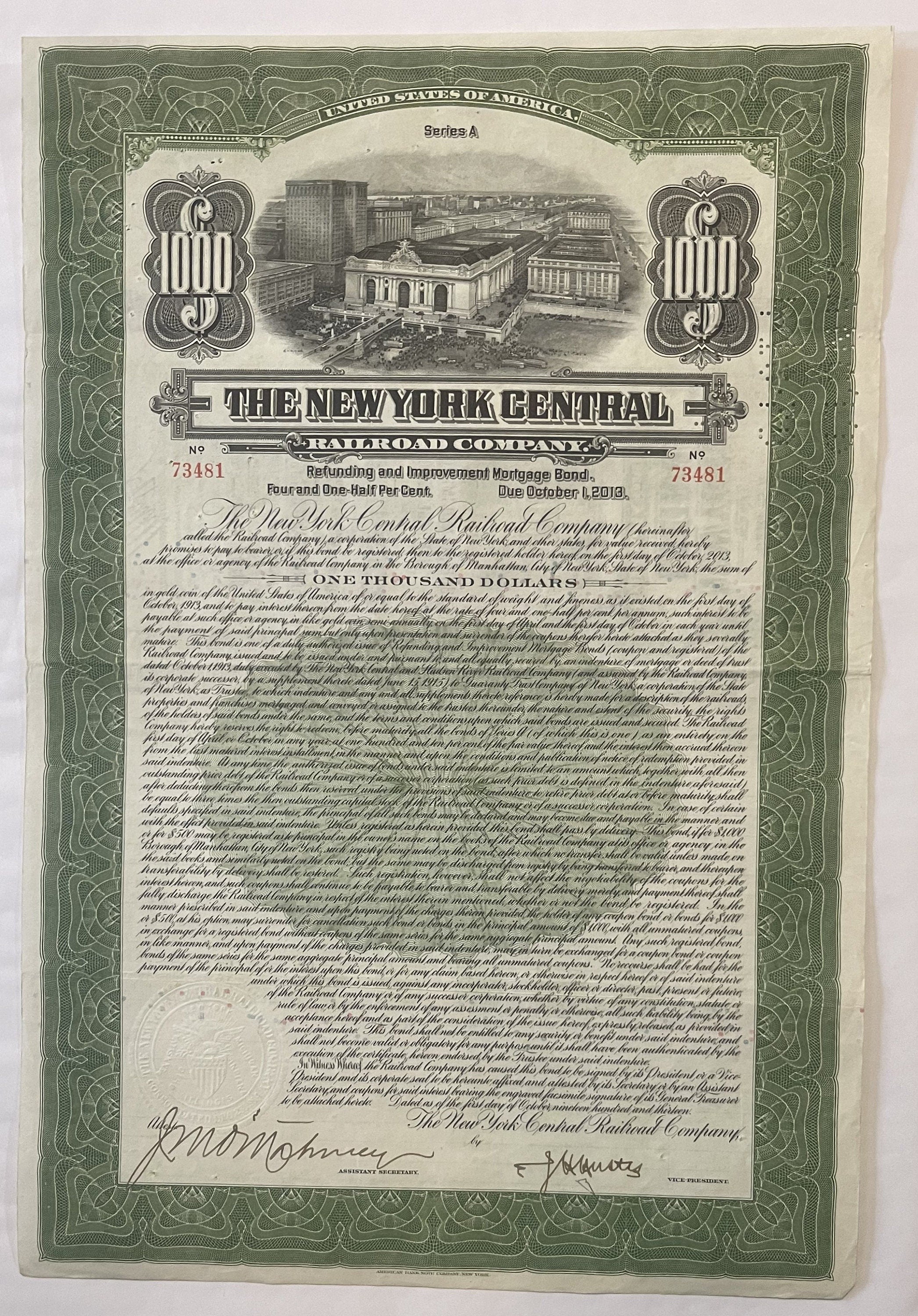 Antique 1913 New York Central Railroad $1,000 Bond 🚂 Payable in Gold Coin, 4.5% Refunding & Improvement Mortgage, Grand Central Terminal